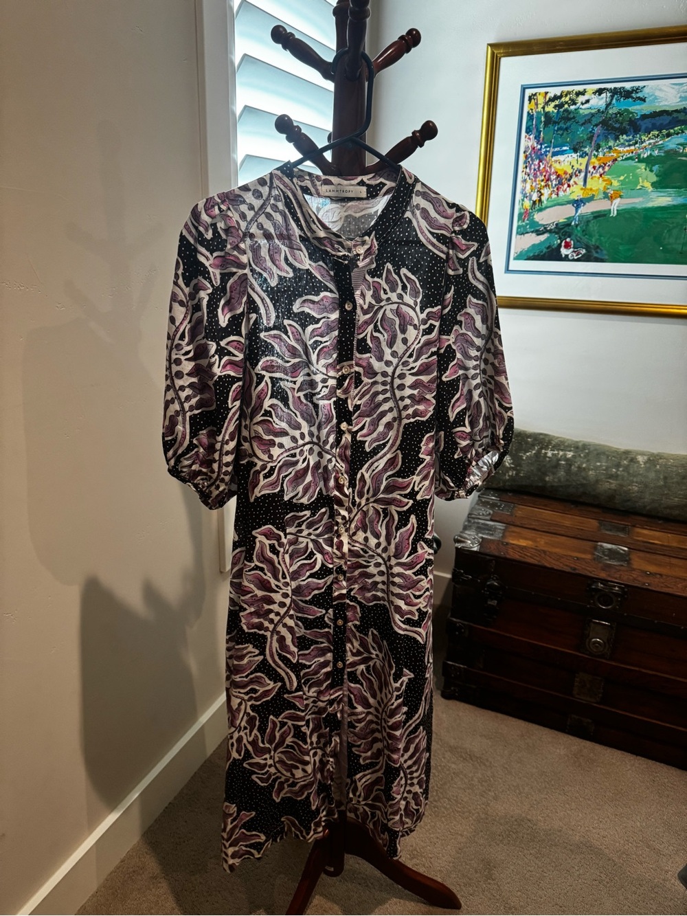 Button-Front Midi Dress in Black with Mauve Floral Print
